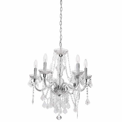 Clear six-light acrylic chandelier hanging from a chain