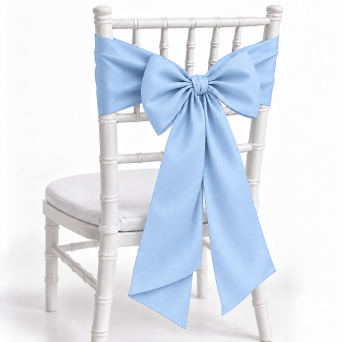 Baby Blue polyester chair sash on white Chiavari chair