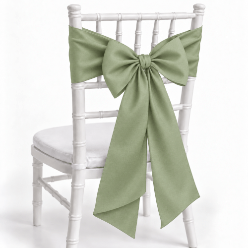 Sage Green polyester chair sash on white Chiavari chair