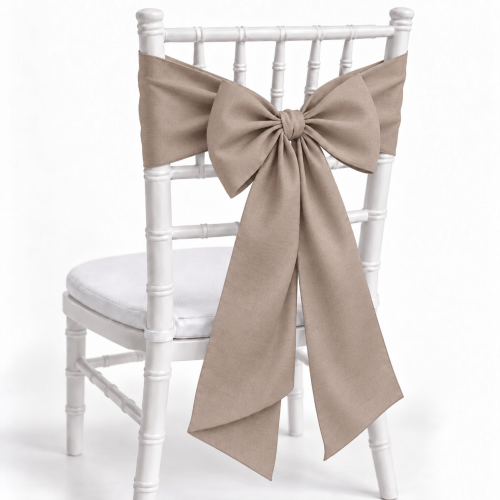 Taupe polyester chair sash on white Chiavari chair