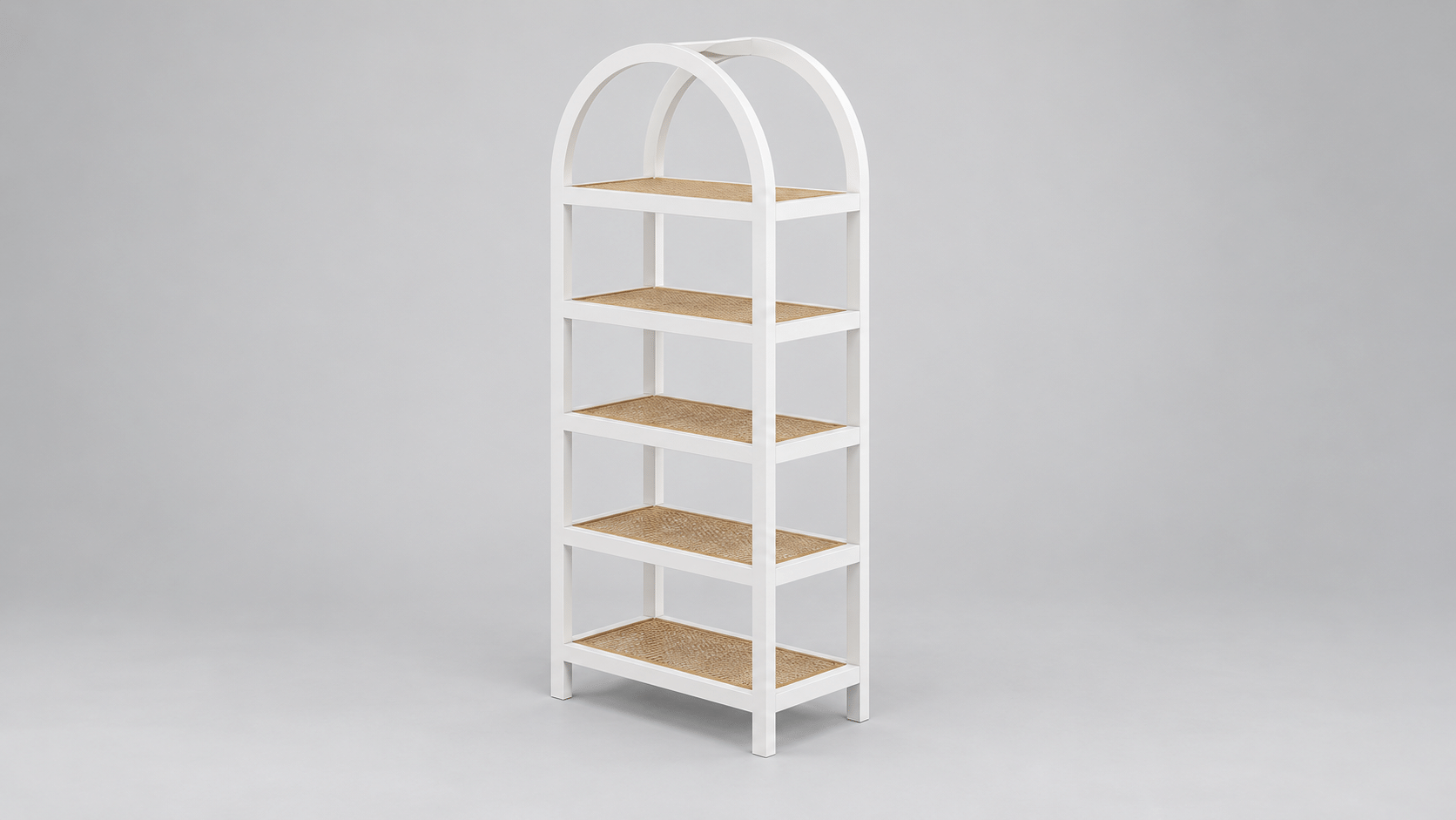 White cane bar back with open display shelving