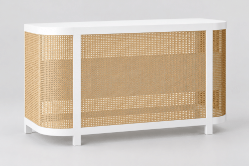 White event bar with natural cane panels