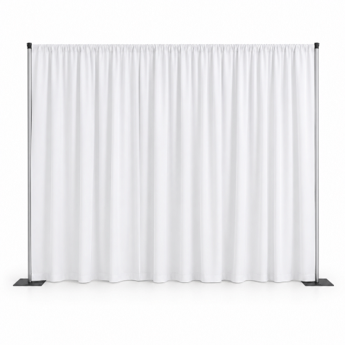 White polyester pipe and drape with metal uprights and flat bases
